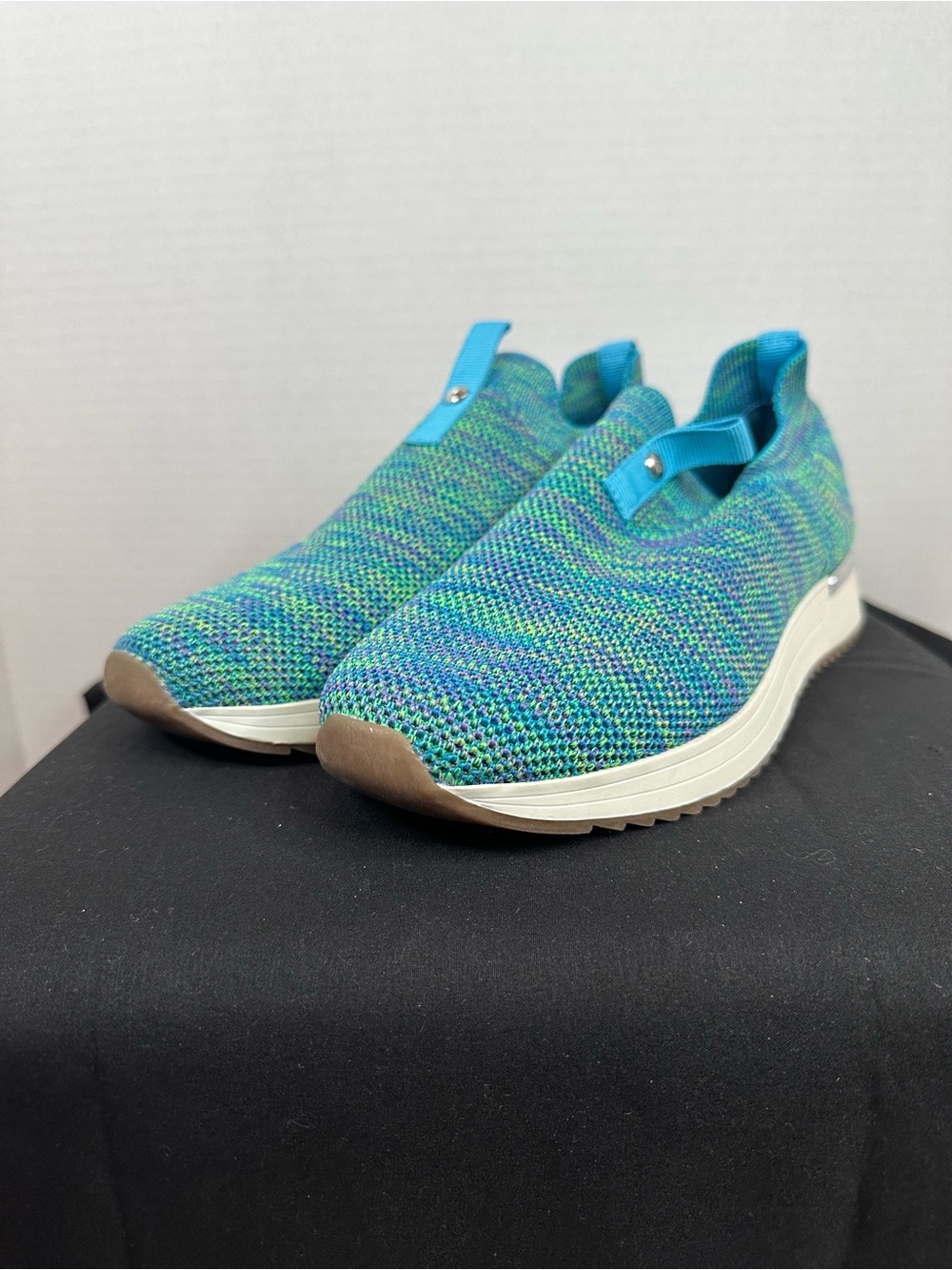 Anne Klein Knit Slip-On Sneakers in Teal and Blue, flex, size 8